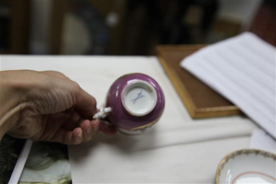 A Meissen coffee cup and saucer, c.1730, height 6.6cm, cup restored